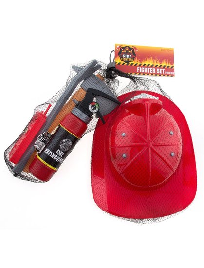 Brandweermanset 6-delig : helm, brandblusser, bijl, crowbar, badge en Walkie talkie