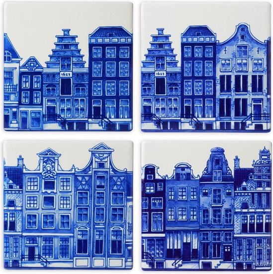 Onderzetters Delfts blauw grachtenpanden 4 stuks