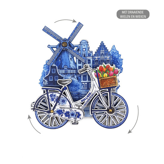 Magneet Fiets Delfts blauw draaiende wielen