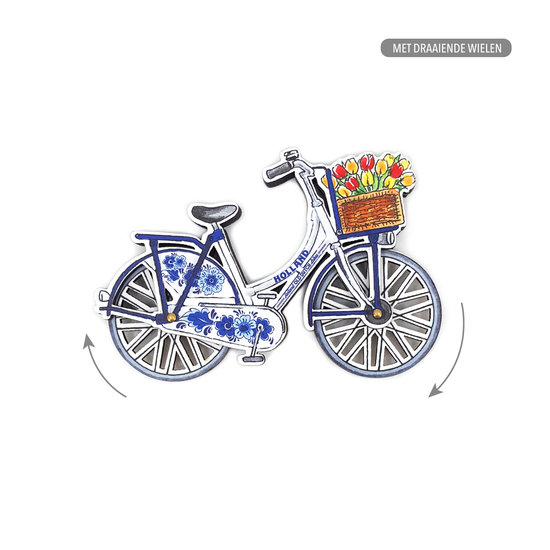 Magneet Fiets Delfts blauw draaiende wielen Holland