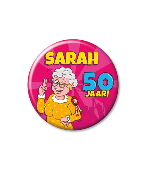 Button Sarah 50 cartoon