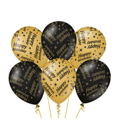 Ballonnen Happy Birthday zwart-goud 6 stuks