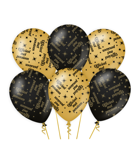 Ballonnen officieel met pensioen zwart-goud 6 stuks