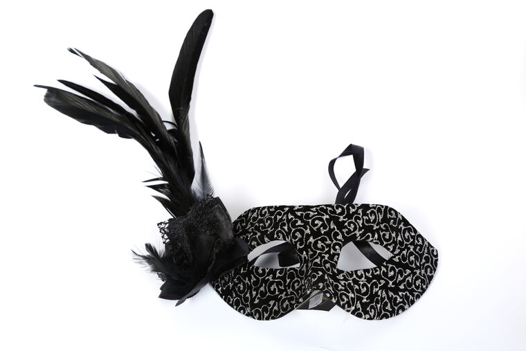 Venetiaanse masker zilver-zwart met veren