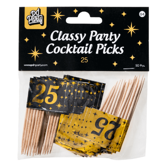 Cocktailprikkers Classy 25 jaar zwart-goud