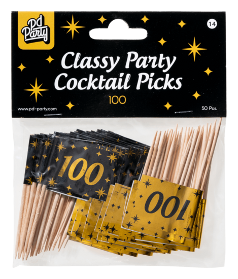 Cocktailprikkers Classy 100 jaar zwart-goud
