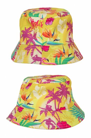 Hawaii vissershoedje geel met print