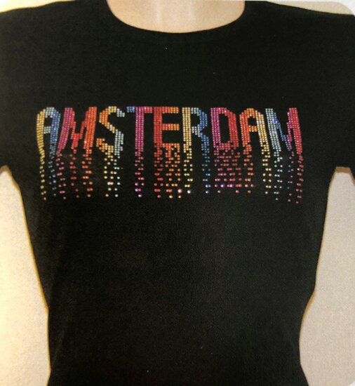 T-shirt zwart Amsterdam glitter regenboog dames