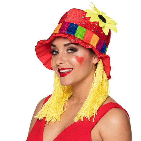 Clown rode hoed met glitters en geel haar