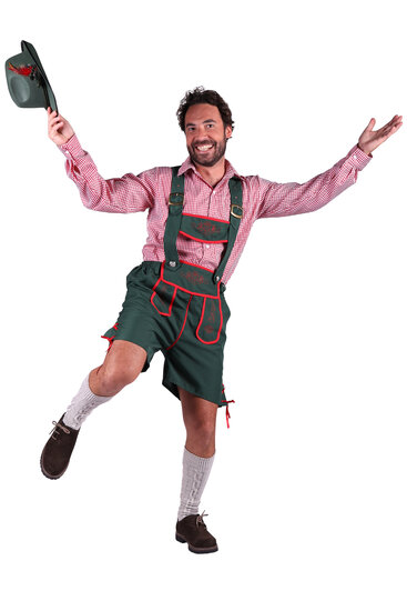 Oktoberfest Klaus lederhosen groen en overhemd rood-wit