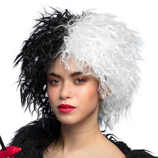 Pruik Cruella zwart-wit