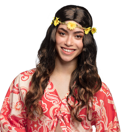 Pruik hippie bruin haarband met bloemetjes