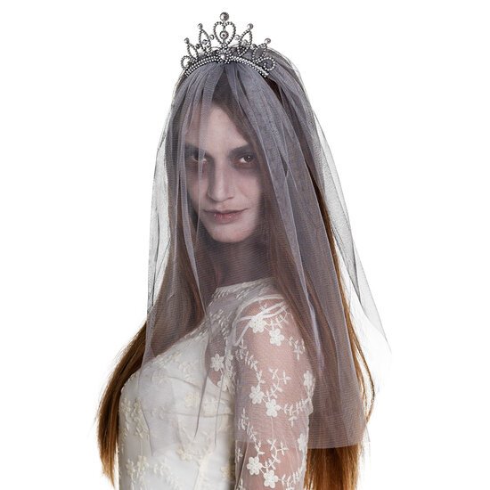 Bruidssluier zombie grijs met kroontje