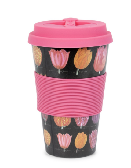 koffie mok to go tulpen zwart-roze