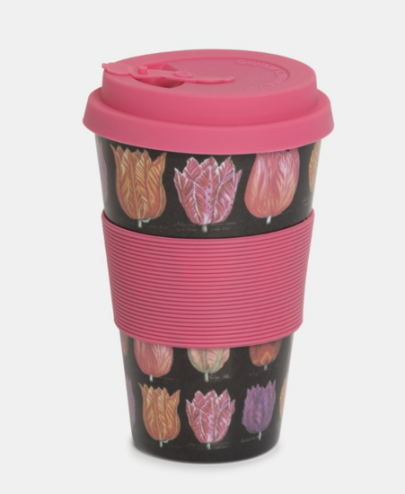 koffie mok to go tulpen zwart-roze
