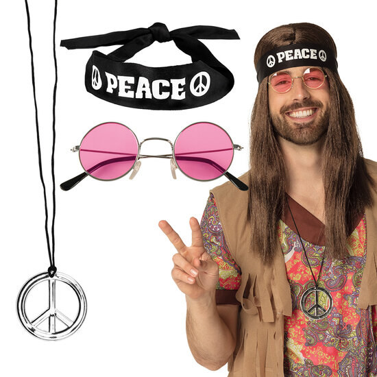 Hippie set hoofdband, ketting en bril