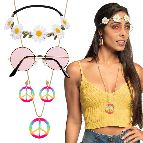 Hippie set hoofdband, ketting, oorbellen en bril