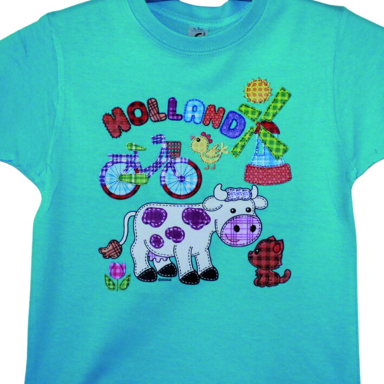 Kinder t-shirt blauw Holland koe en molen