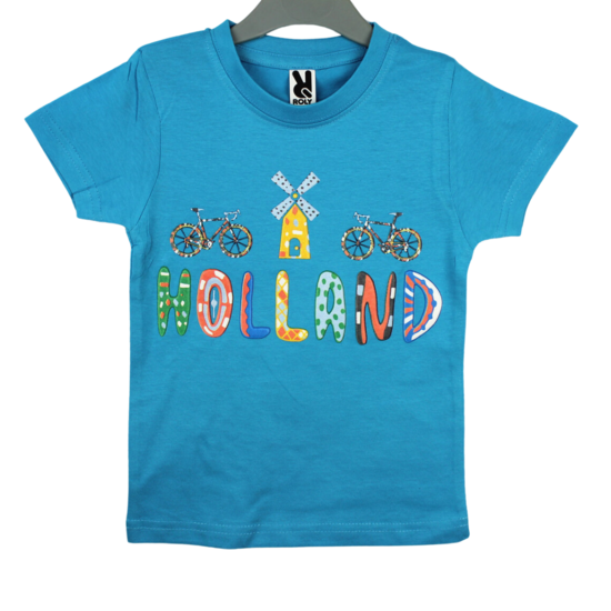 Kinder t-shirt blauw Holland molen en fiets