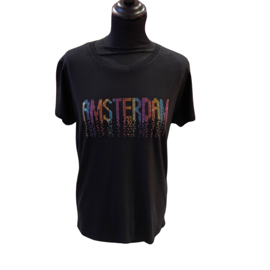 T-shirt zwart Amsterdam glitter regenboog dames