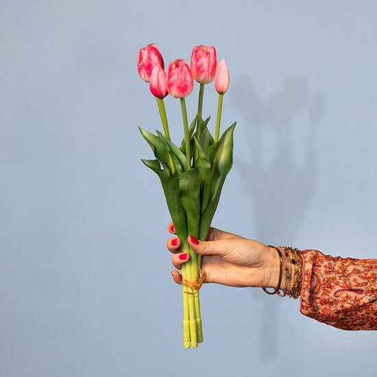 Kunstboeket Tulpen Lang - Kunstbloem Zalm en Creme - 5 Stuks