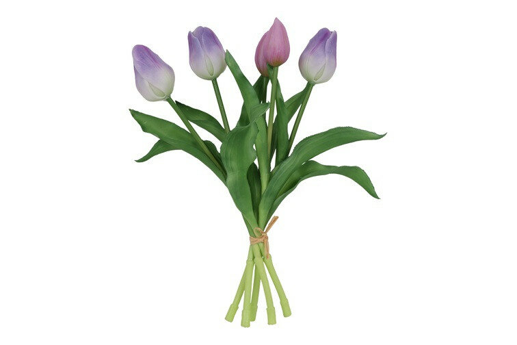 Kunstboeket Tulpen - Kunstbloem Paars en Wit - 5 Stuks - 3D Geprint