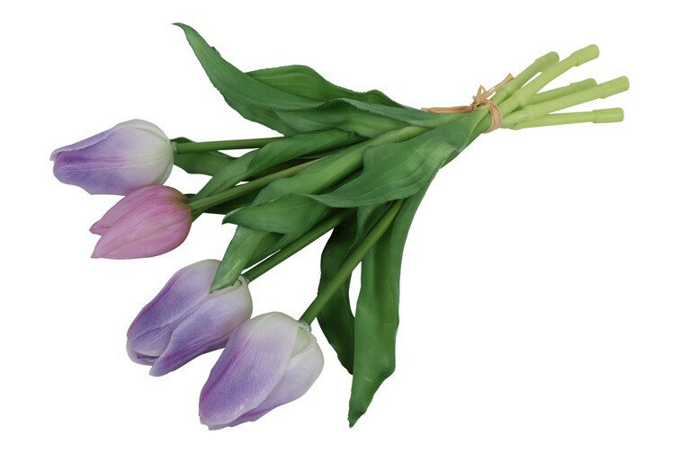 Kunstboeket Tulpen - Kunstbloem Paars en Wit - 5 Stuks - 3D Geprint