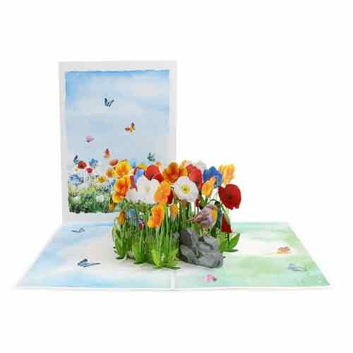 Wenskaart met een 3D afbeelding van een Kleurrijke Vlindertuin