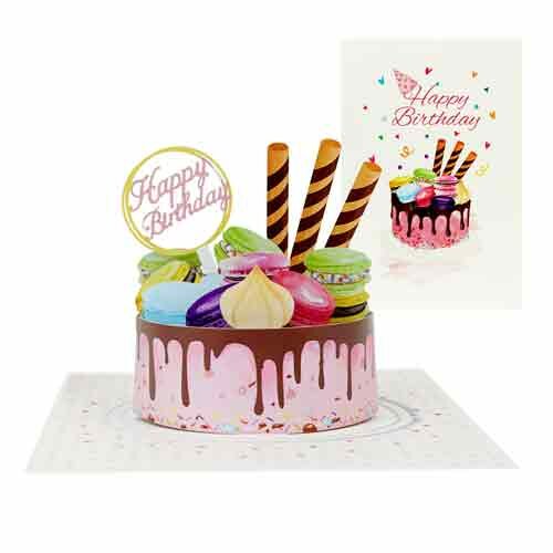 Wenskaart met een 3D afbeelding van een Happy Birthday Cake