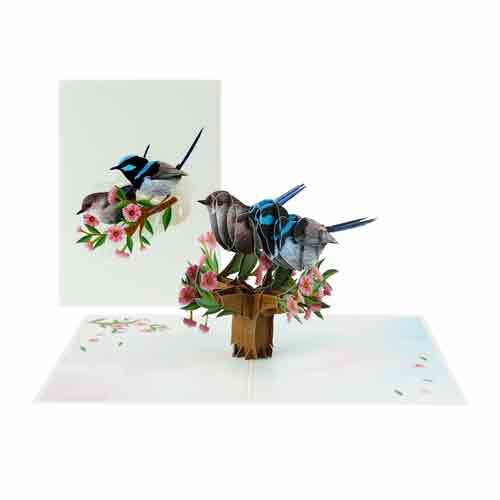 Wenskaart met een 3D afbeelding Vogeltjes Boompje