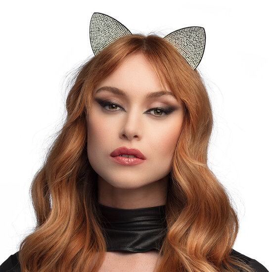 Kattenoren Diadeem - Zwart met Steentjes - Dieren Oortjes