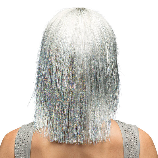 Dames Pruik - Crazy Glitter Zilver - Jaren 80 Disco
