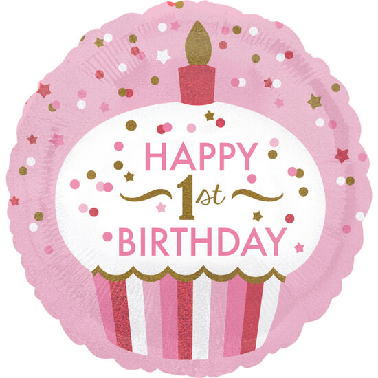 Folieballon 1 Jaar - Birthday Cupcake Girl - 45 cm - Helium- en Luchtvulling