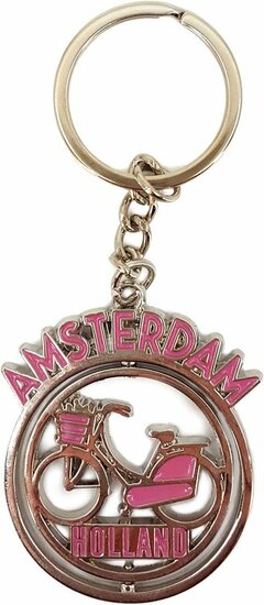 Sleutelhanger mono spinning Amsterdam fiets roze