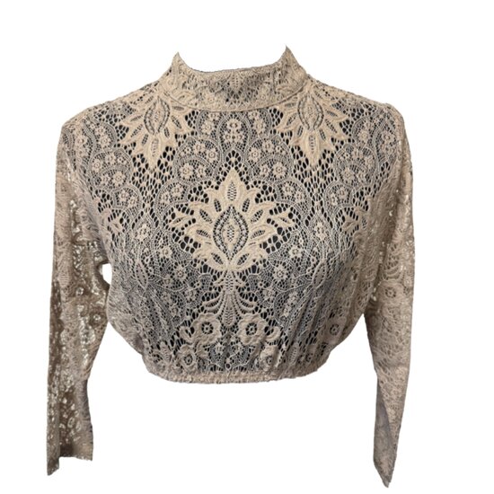 Dirndl Blouse Bloemmotief - Koffiecr&egrave;me - Kant Hoge Hals - Dames