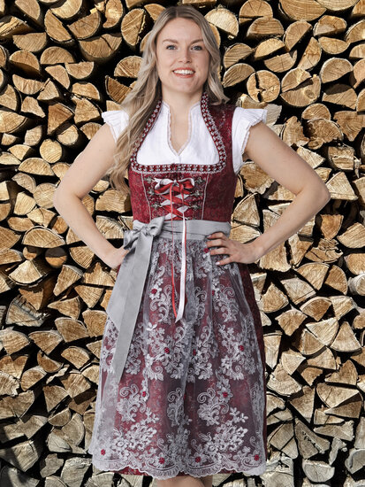 Dirndl Jurkje - Jacquard met Parel Schort - Donkerrood-Grijs - Dames