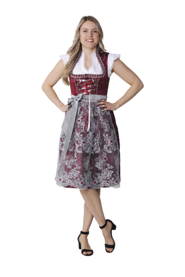 Dirndl Jurkje - Jacquard met Parel Schort - Donkerrood-Grijs - Dames