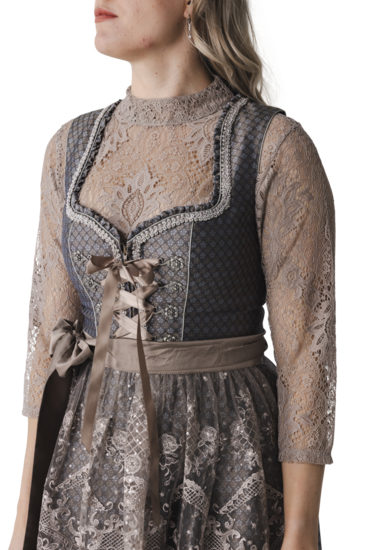 Dirndl Blouse Bloemmotief - Koffiecr&egrave;me - Kant Hoge Hals - Dames