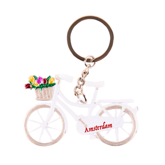 Sleutelhanger Fiets wit met tulpen Holland