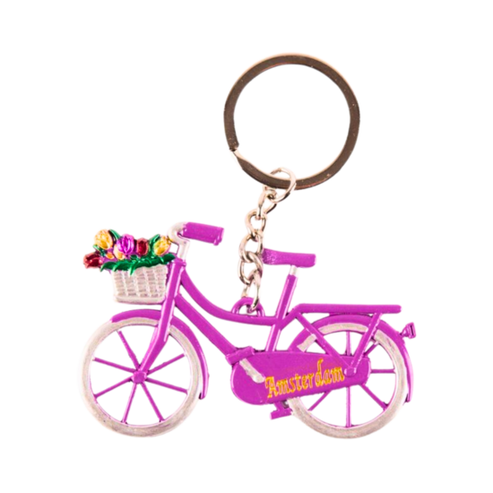 Sleutelhanger Fiets wit met tulpen Holland