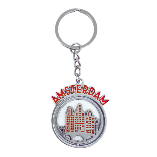 Sleutelhanger mono spinning Amsterdam huisjes rood