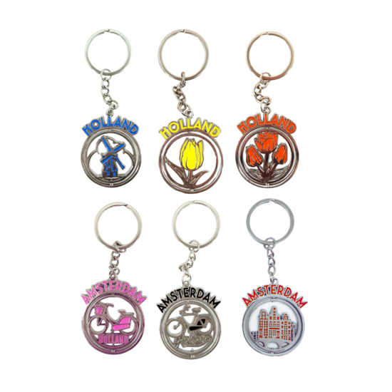 Sleutelhanger mono spinning Amsterdam huisjes rood