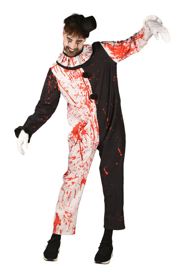 Horror Clown Jumpsuit - Zwart-Wit - Bloedspetters Halloween - Heren