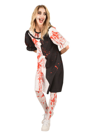 Horror Clown Jurk - Zwart-Wit - Bloedspetters Halloween - Dames