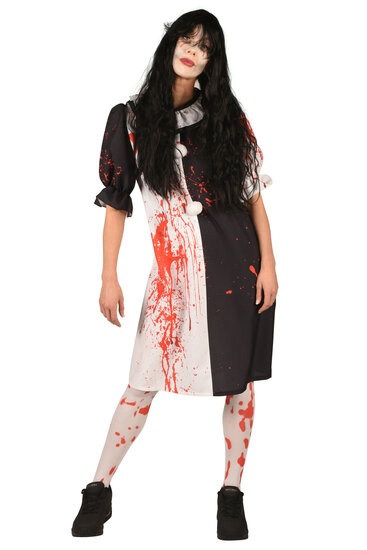 Horror Clown Jurk - Zwart-Wit - Bloedspetters Halloween - Dames