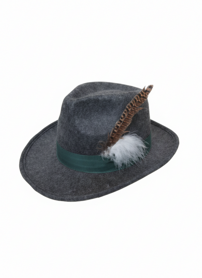 Jagershoed grijs met brede rand en veren, zware kwaliteit vilt
