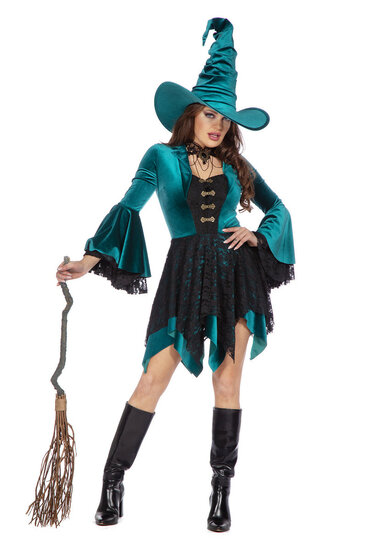 Heksenjurk Velvet Luxe Groen - Halloween Kostuum - Dames