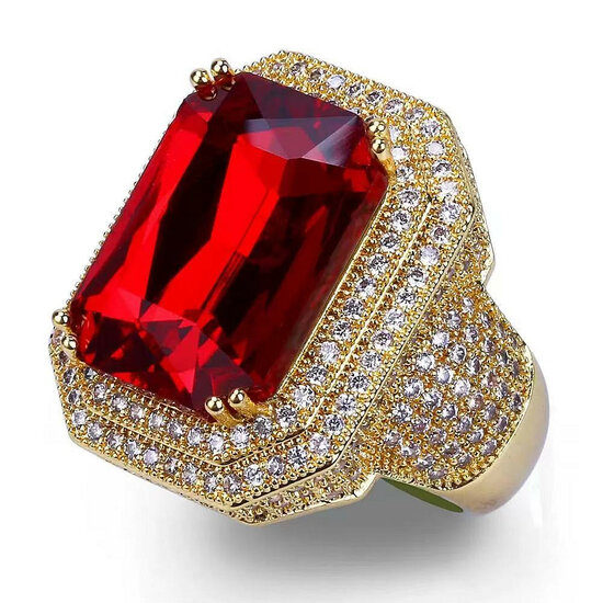 Sinterklaas Ring Luxe - Rechthoek met Diamanten - Goud-Rood
