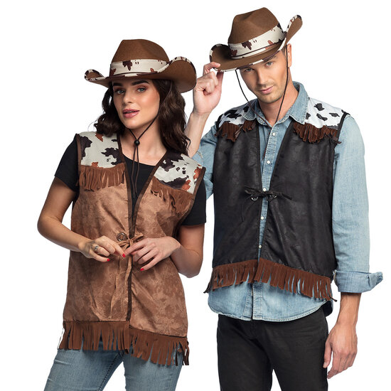 Cowboy Vest Zwart- Western Met Koeienprint - Volwassenen