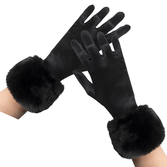 Handschoen Satijn met Bontmanchetten -  Zwart